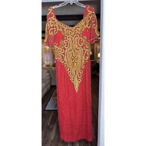 Vintage Milano Silk Red Gold Hand Beaded Gown Dress XL 100% Silk Evening Formal